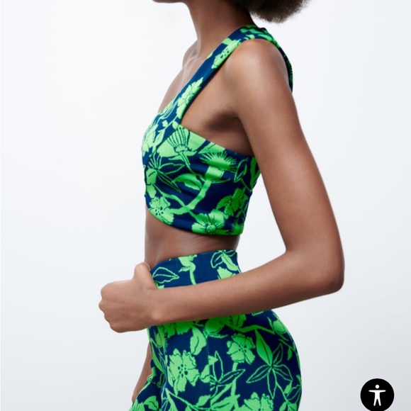 ZARA Jacquard top with asymmetric neckline and strap Blue Green Crop Top Medium - Picture 4 of 16